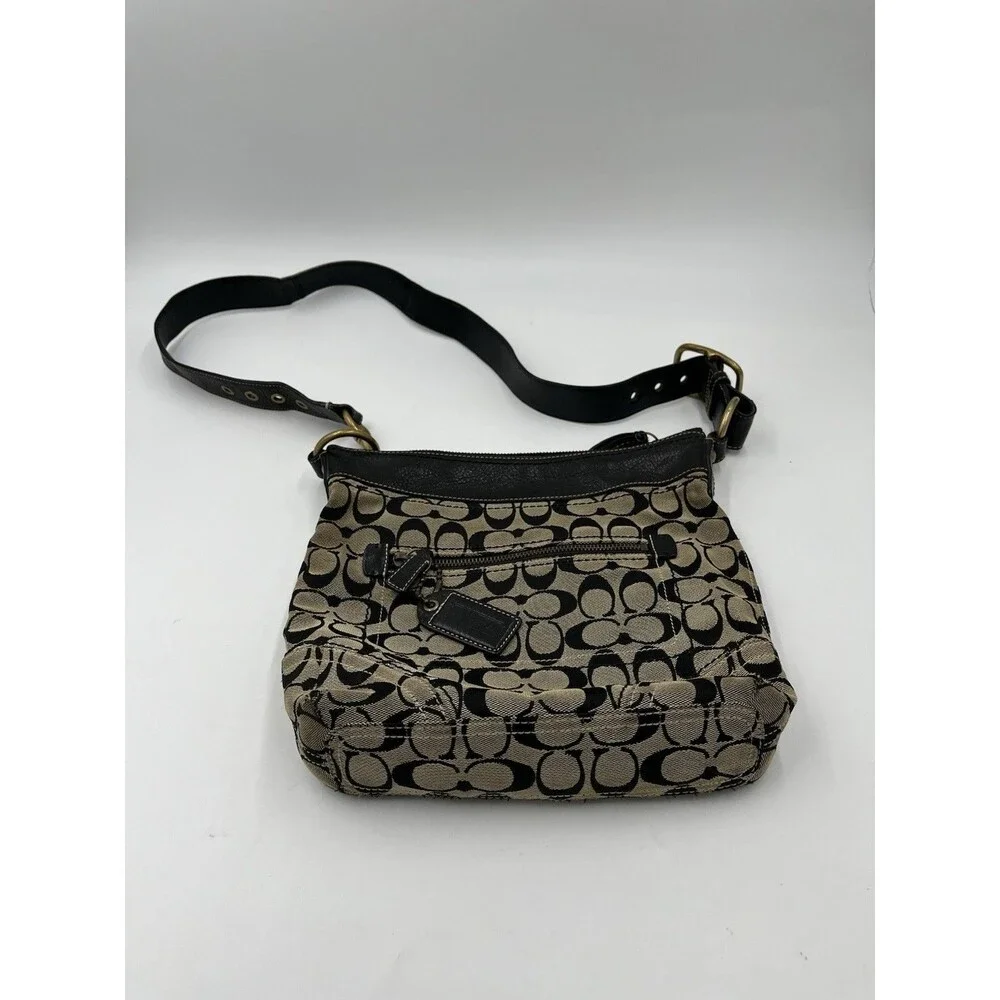 Coach Signature Monogram Canvas Crossbody Bag Black Tan Leather Trim Messenger